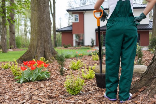 Protected landscaping team carrying out safe outdoor maintenance